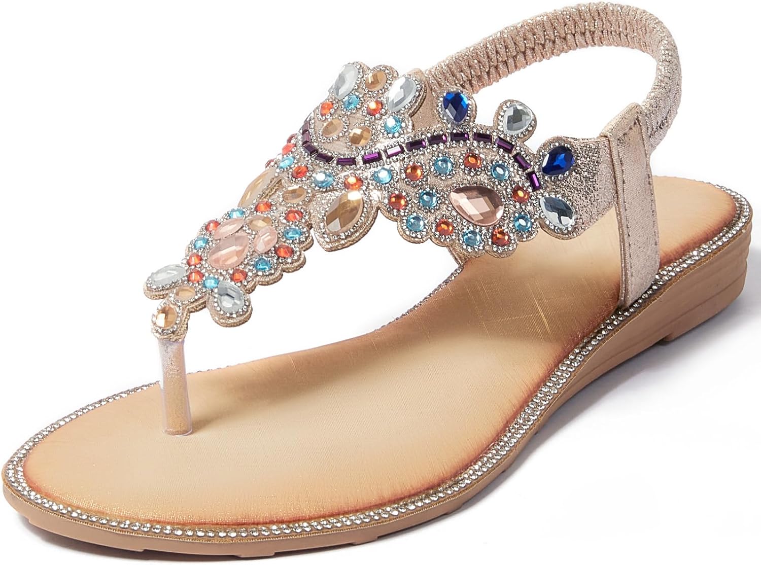 iCKER Women Rhinestone Sandals T-Strap Bohemian Pearl Style
