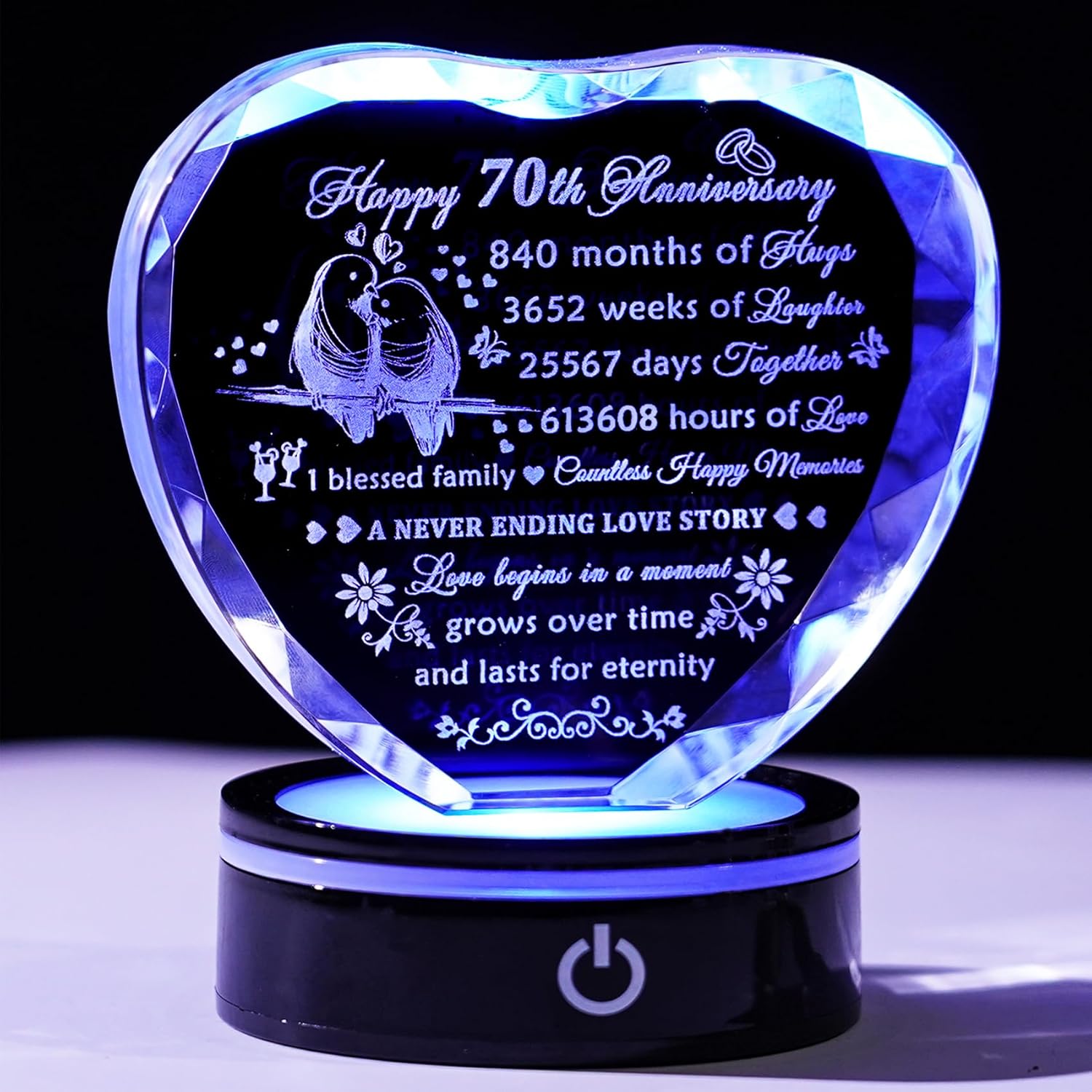70th Wedding Anniversary Crystal Heart Keepsake Gift for Couples