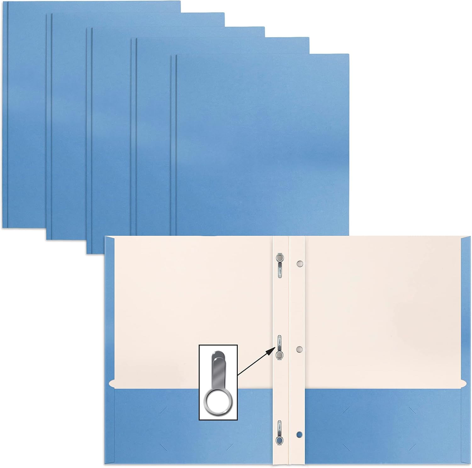 50-Pack Light Blue Paper Folders: Matte Texture, 3 Metal Prongs