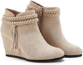 Womens Faux Suede Wedge Ankle Booties with Braided Fringe Strap - 3in
