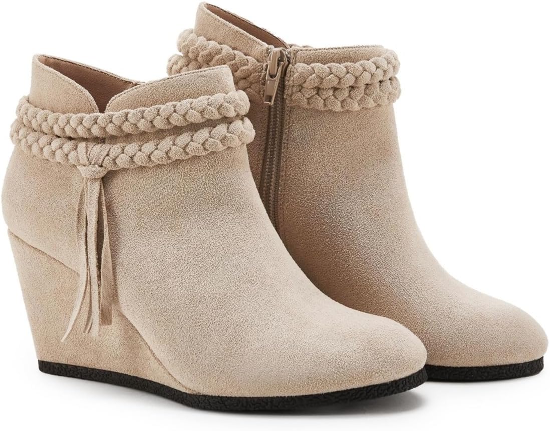 Womens Wedge Ankle Boots with Braided Fringe Strap for Fall