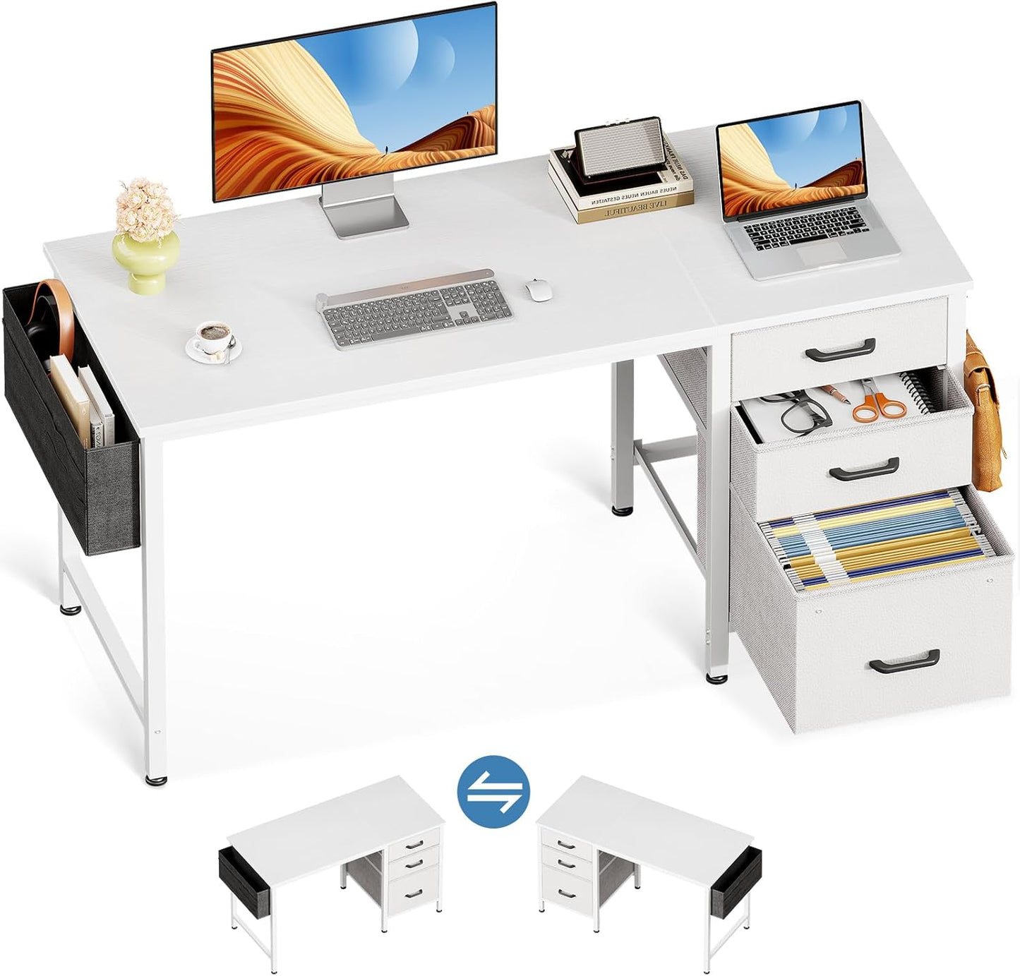 Casaottima 48in Small Computer Desk with Fabric Drawers & Cabinet
