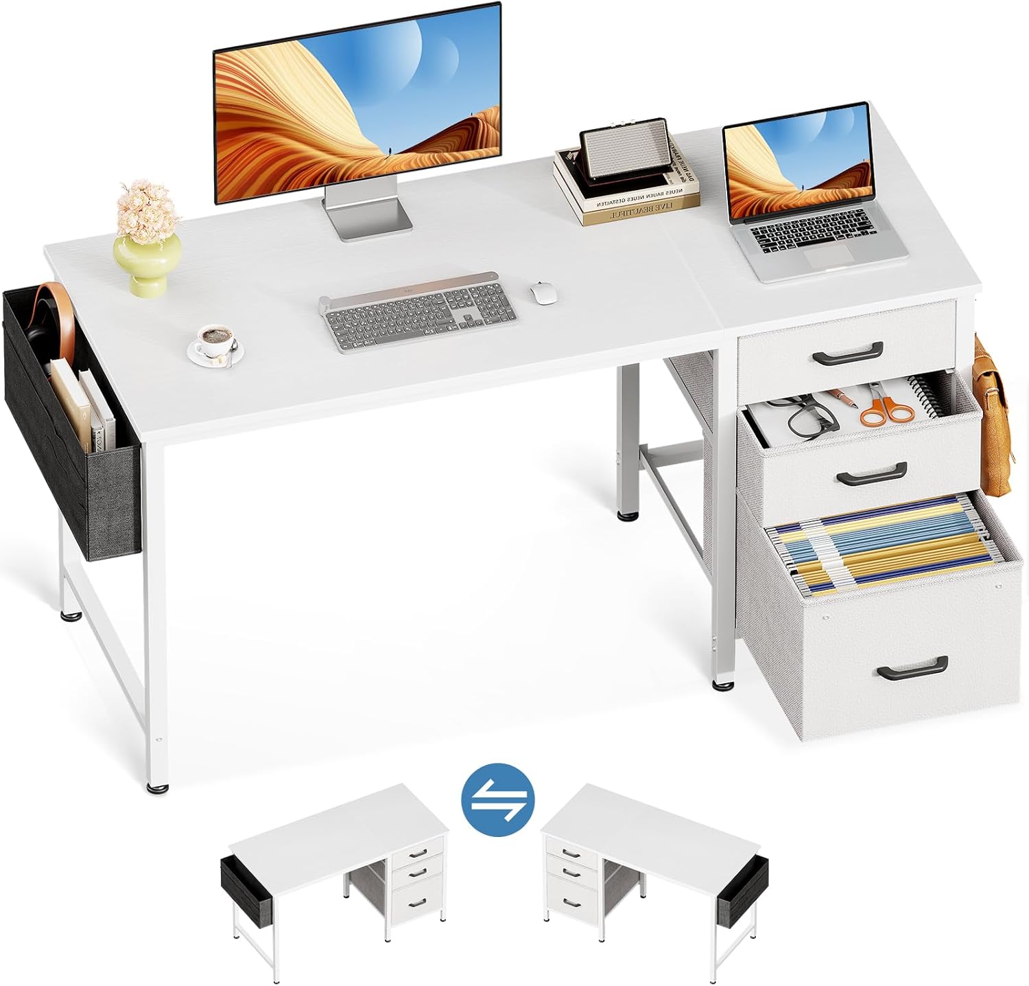 Casaottima 48in Small Computer Desk with Fabric Drawers & Cabinet