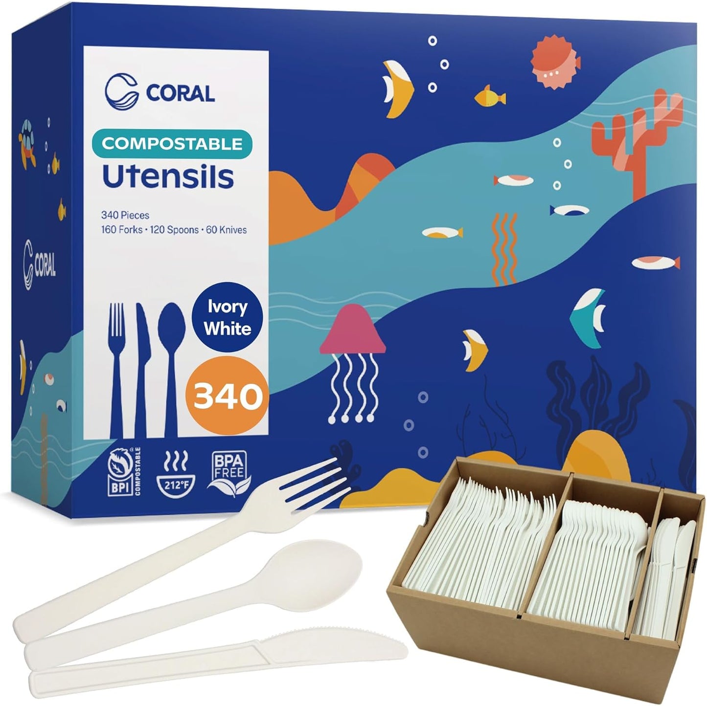 CORAL Compostable Silverware Set - 340 Pieces for Eco-Friendly Dining