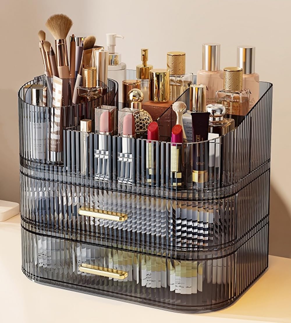 Makeup Organizer with Drawers and 360 Rotating Brush Holder
