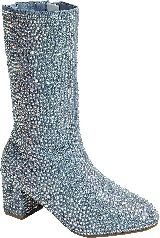 ABSOLEX Girl's Rhinestone Round Toe Knee High Chunky Boot