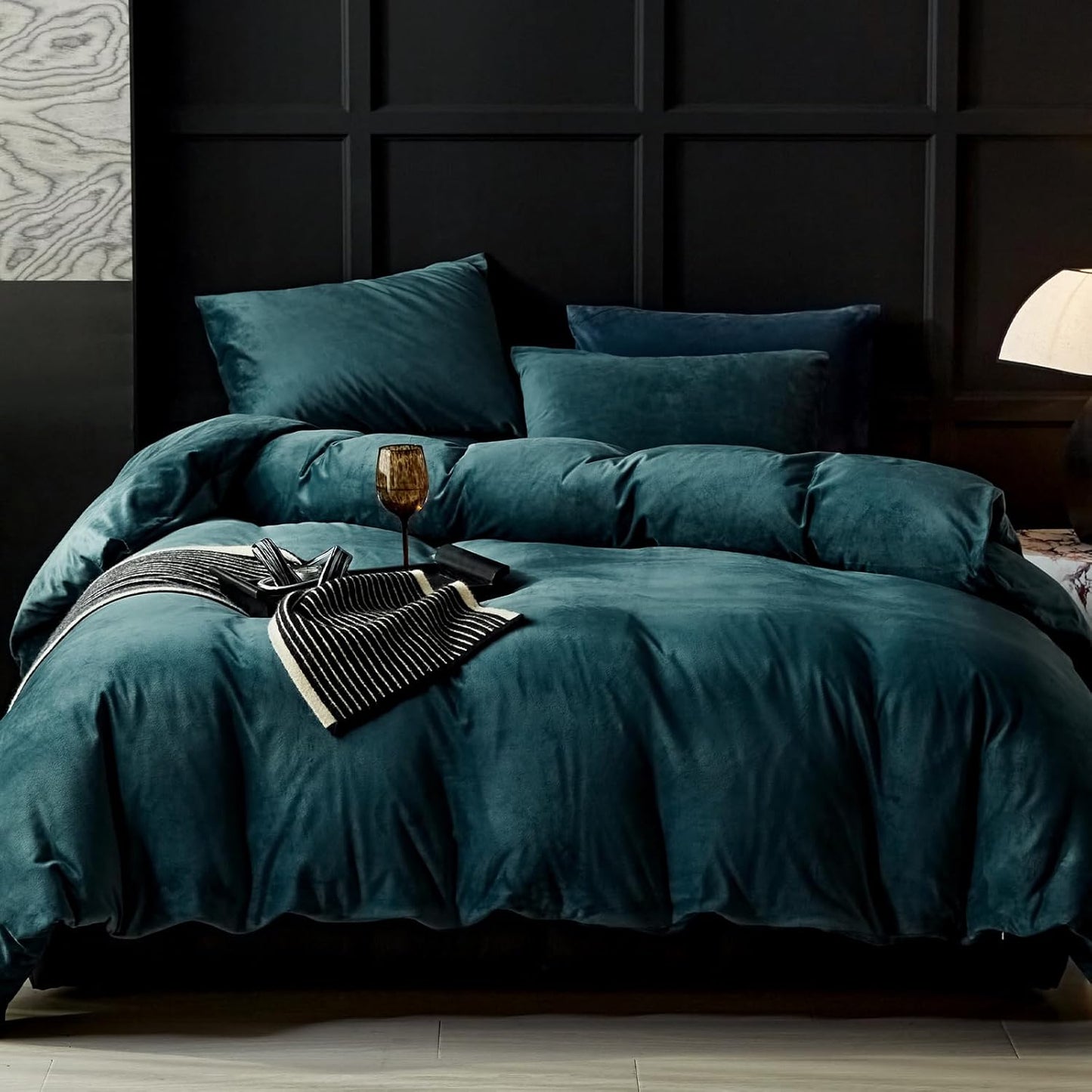 Peacock Blue Flannel Velvet Duvet Cover Set for King Size Bed