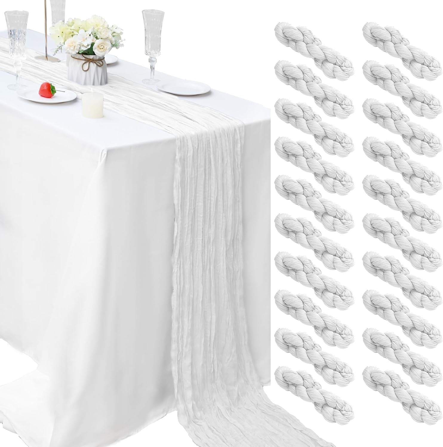 20 Pcs White 10FT Cheesecloth Table Runner for Elegant Events