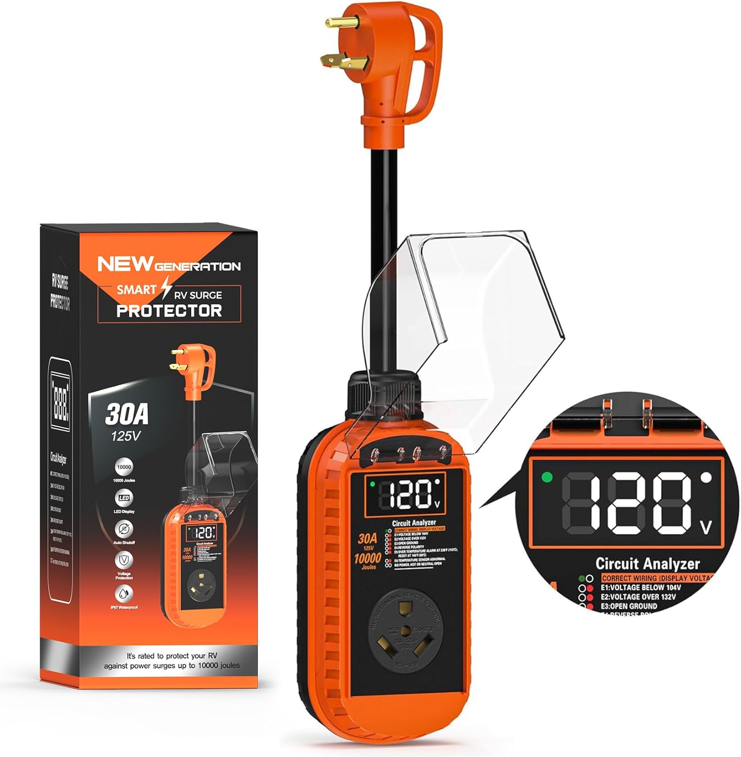 Smart RV Surge Protector 30 Amp with Auto Shutoff & Reset