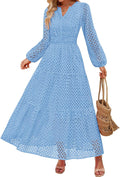 Women's Long Sleeve Eyelet Maxi Dress V Neck - Flowy Fall A Line
