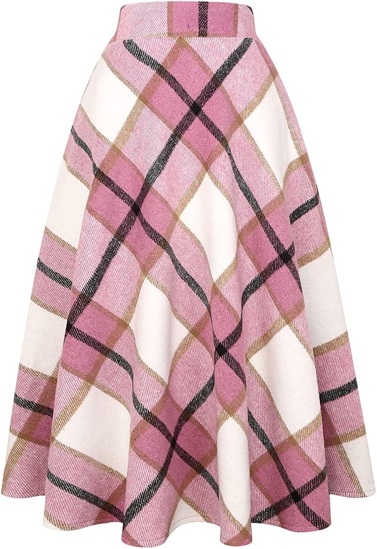 Womens Plaid Wool Skirts A-Line Pleated Tartan Long Skirts