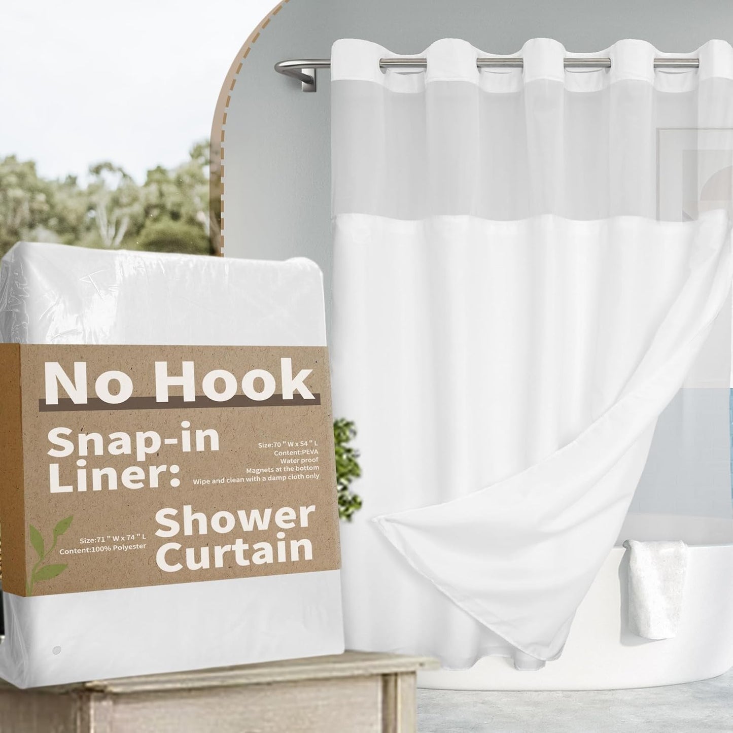 No Hook Slub Textured Shower Curtain Set with PEVA Liner 71x74