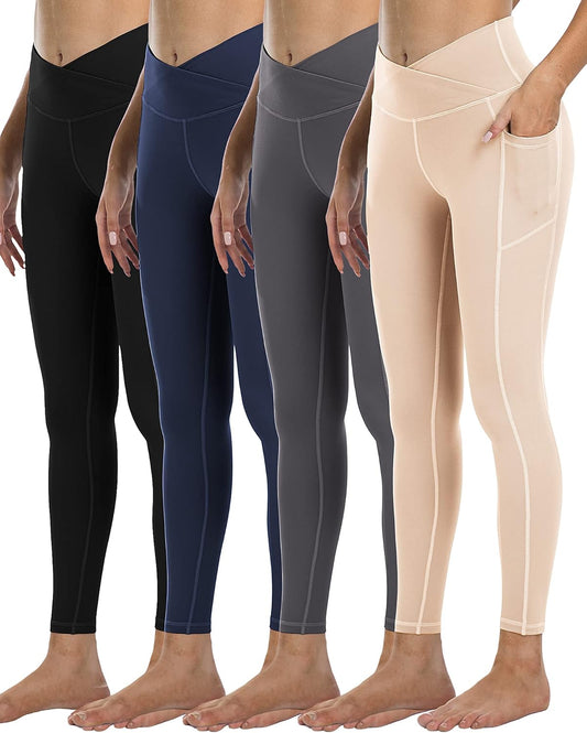 4 Pack Leggings with Pockets for Women, High Waist Tummy Control