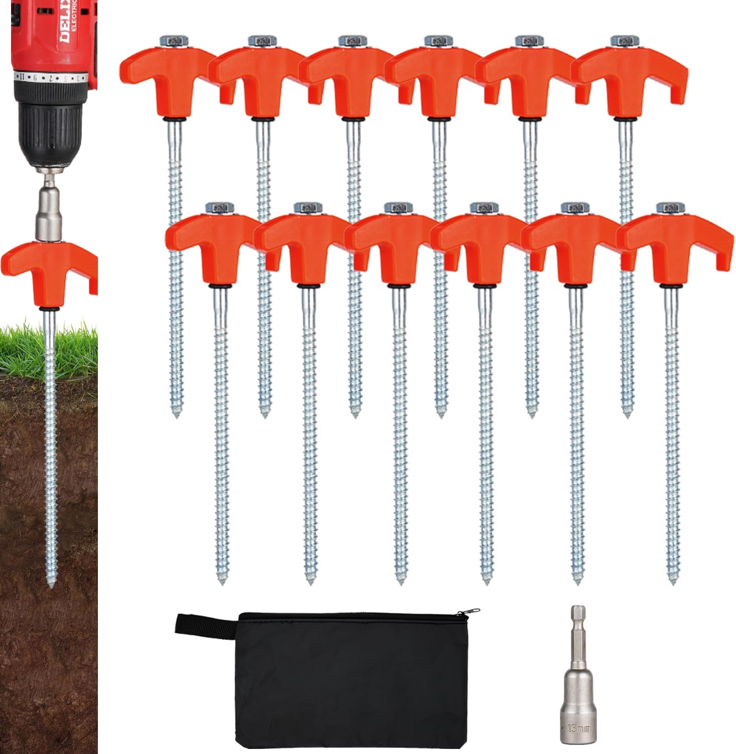12x Heavy Duty Screw Tent Stakes - Secure & Easy Setup