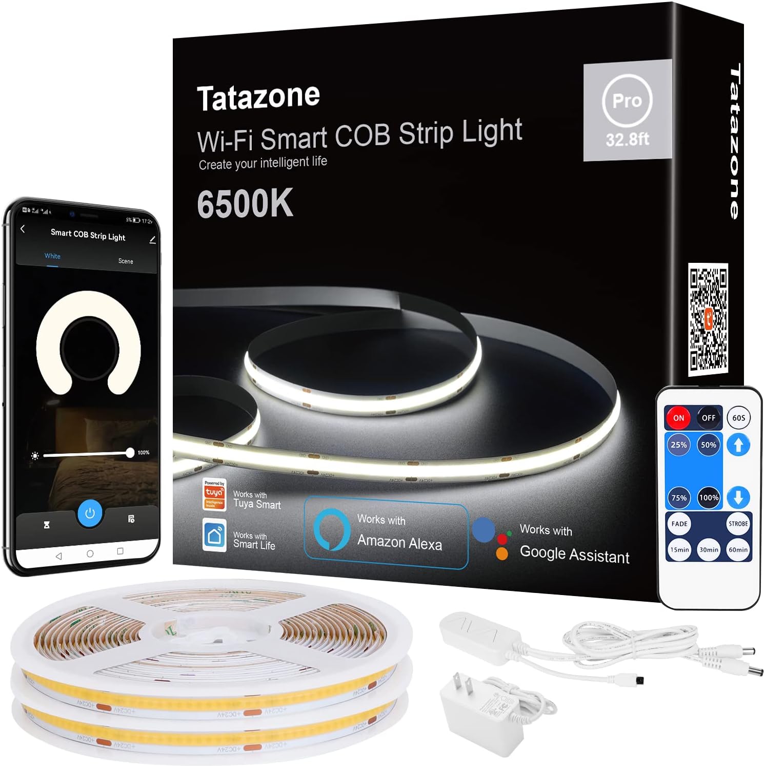 Smart White COB Led Strip Light with App and Remote Control