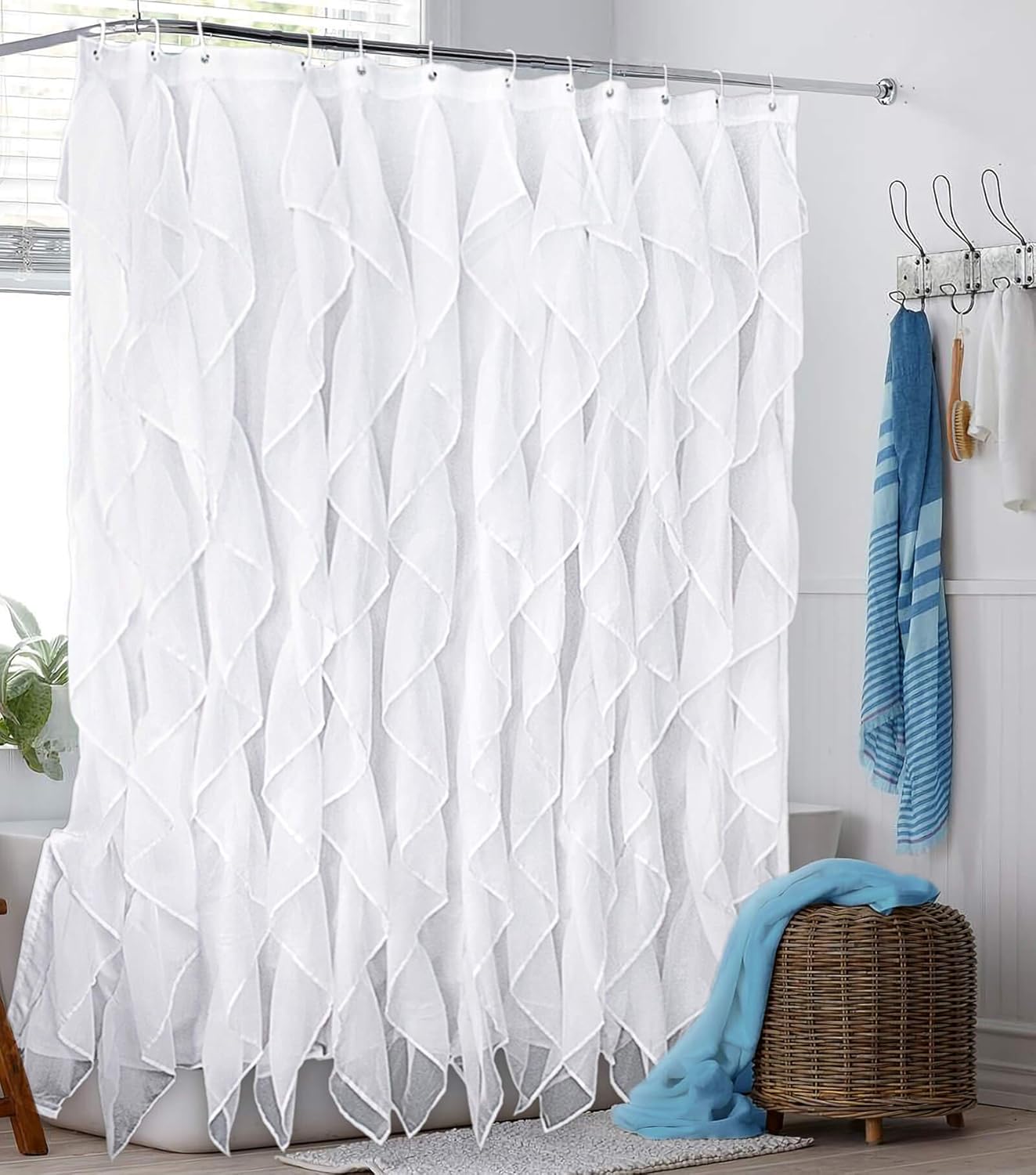 Farmhouse Chic White Ruffle Shower Curtain - 72in Long