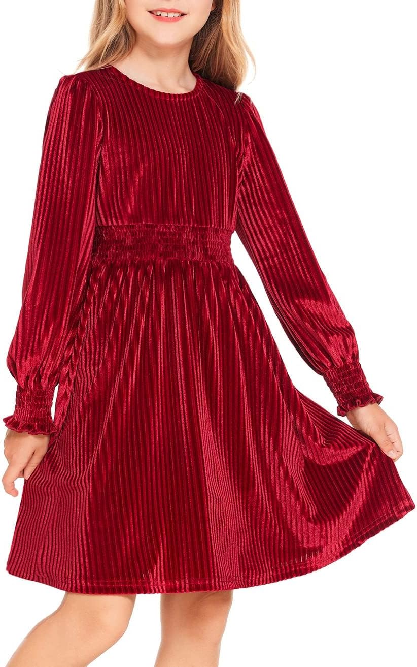 Arshiner Girls Long Sleeve Velvet Midi Dress for Kids 4-13Y