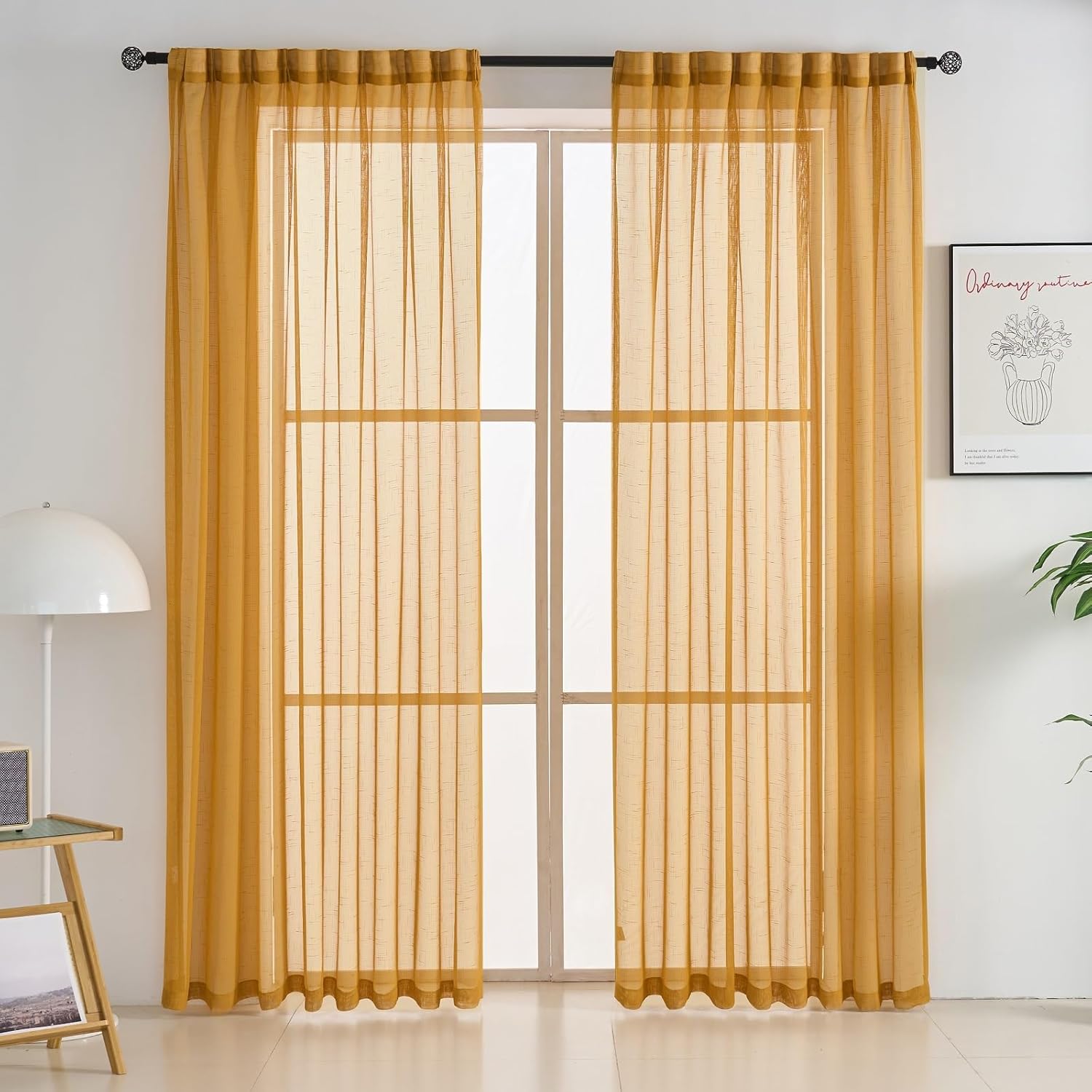 Fall Gold Linen Look Pinch Pleated Sheer Curtains for Cozy Homes