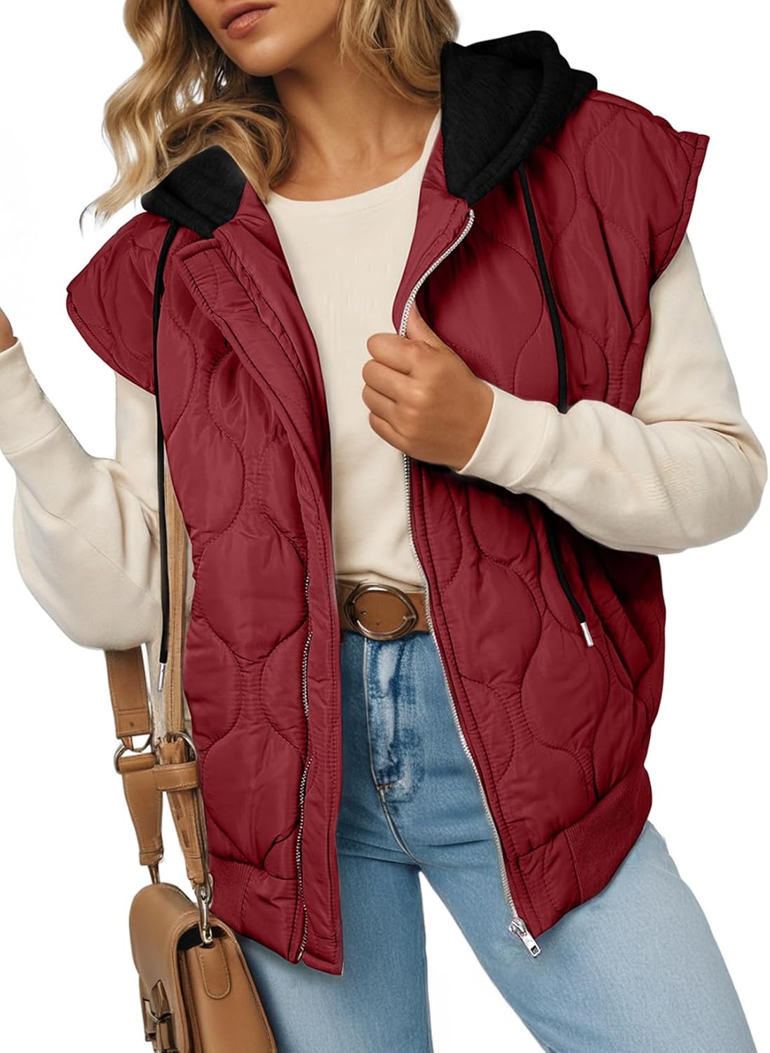 Lightweight Quilted Puffer Vest for Women with Hood and Pockets