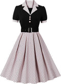 Women Short Sleeve 1950s Polka Dot Audrey Swing Dress with Belt