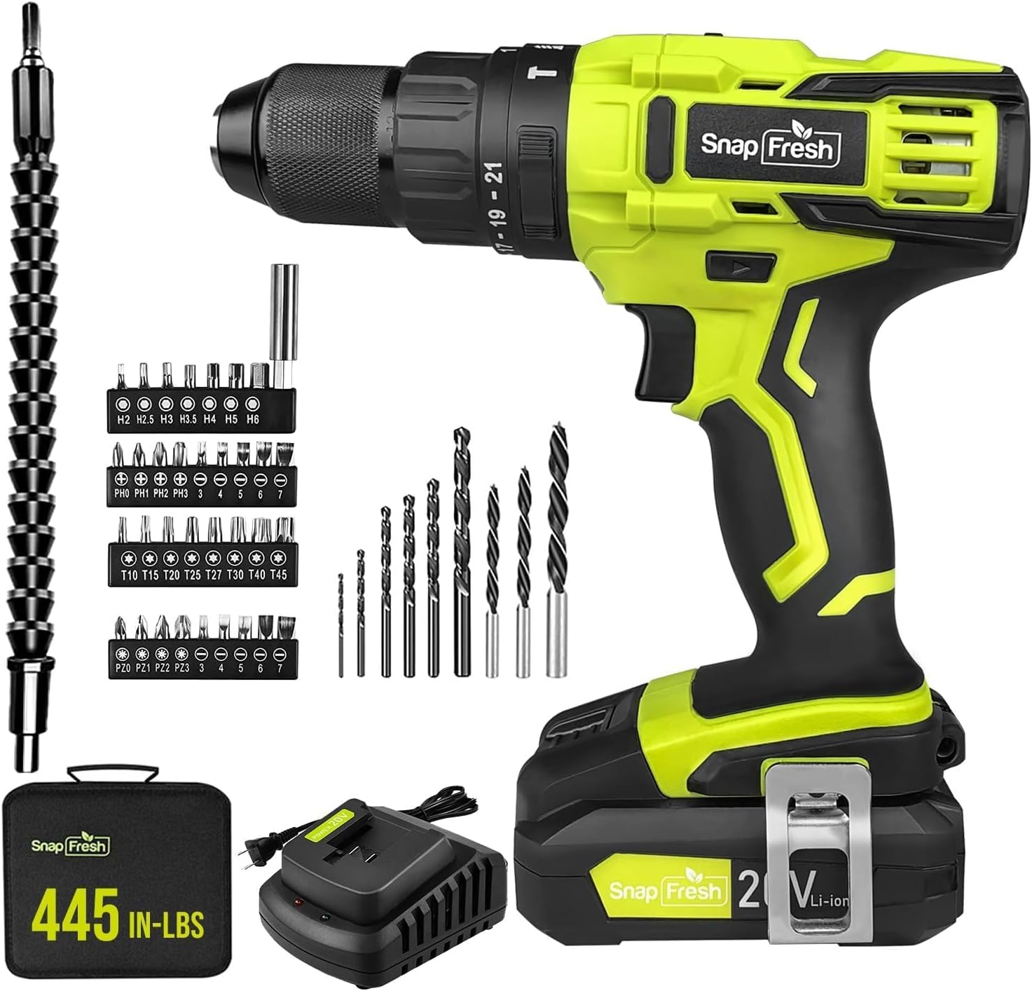 SnapFresh 20V Cordless Impact Drill Set with 445in-lbs Torque