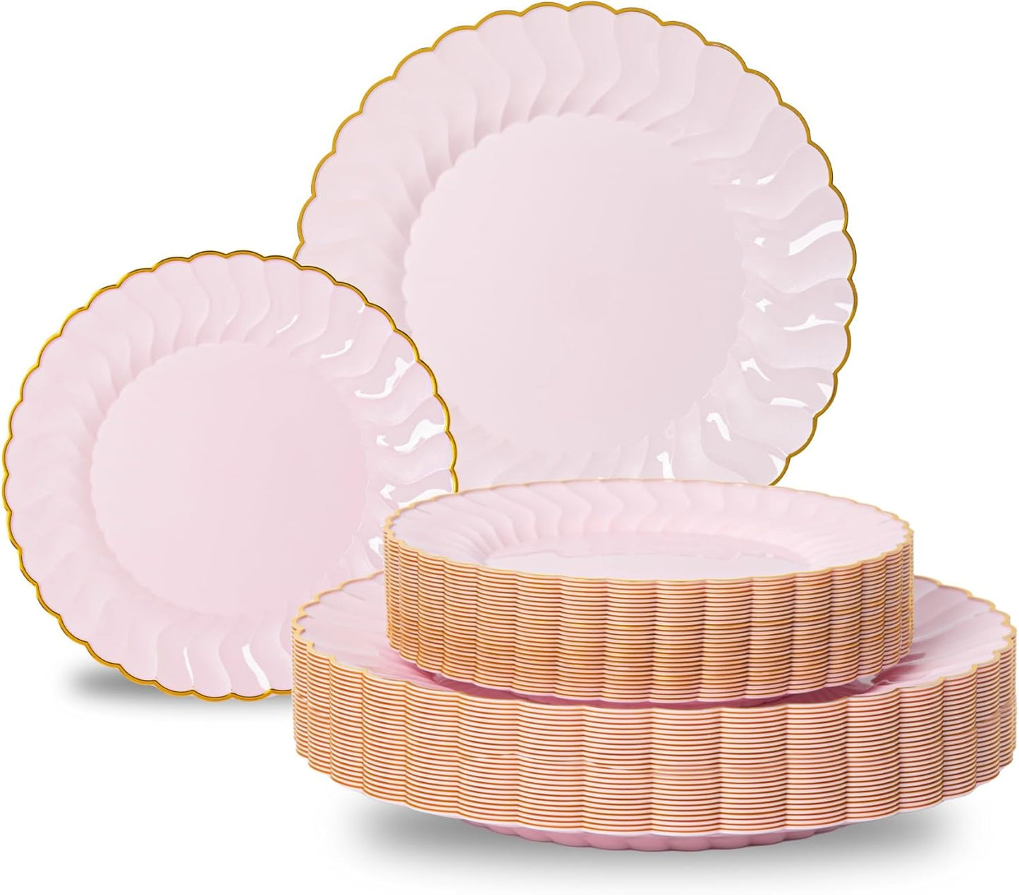 Lullaby 60PCS Pink Scalloped Plastic Plates with Gold Rim