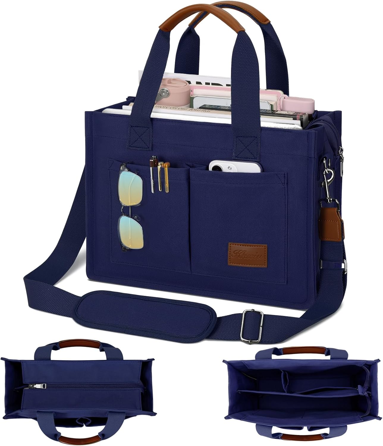 KKXIU Large Canvas Tote Bag with Zipper and Compartments
