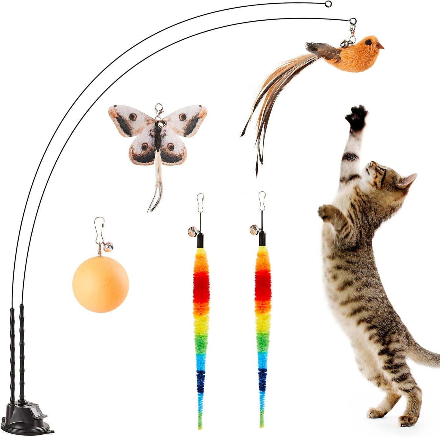 Interactive Suction Cup Cat Wand - 5 Feathers