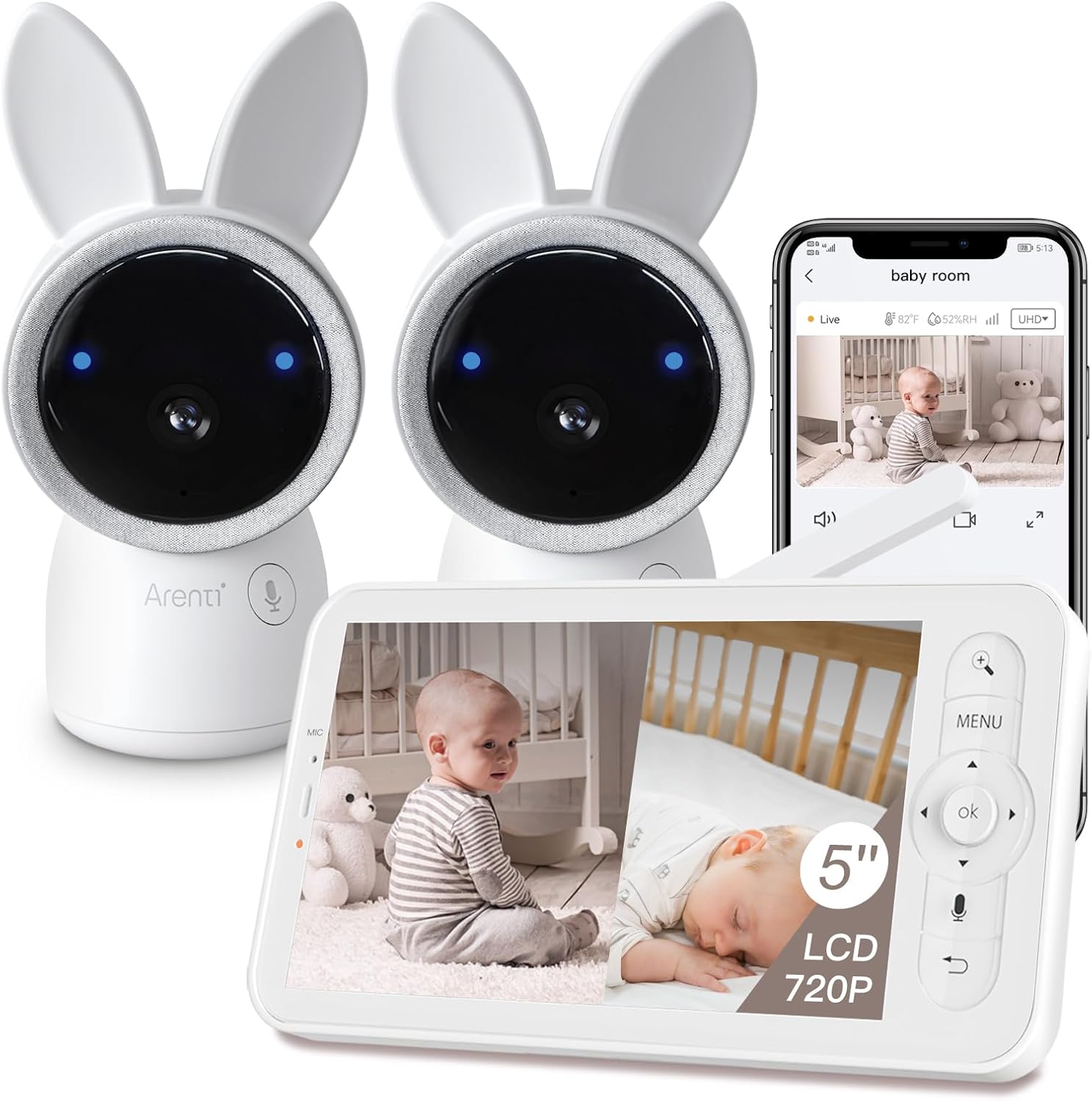 ARENTI Baby Monitor 2 Cameras with 5-Inch Display and Night Vision