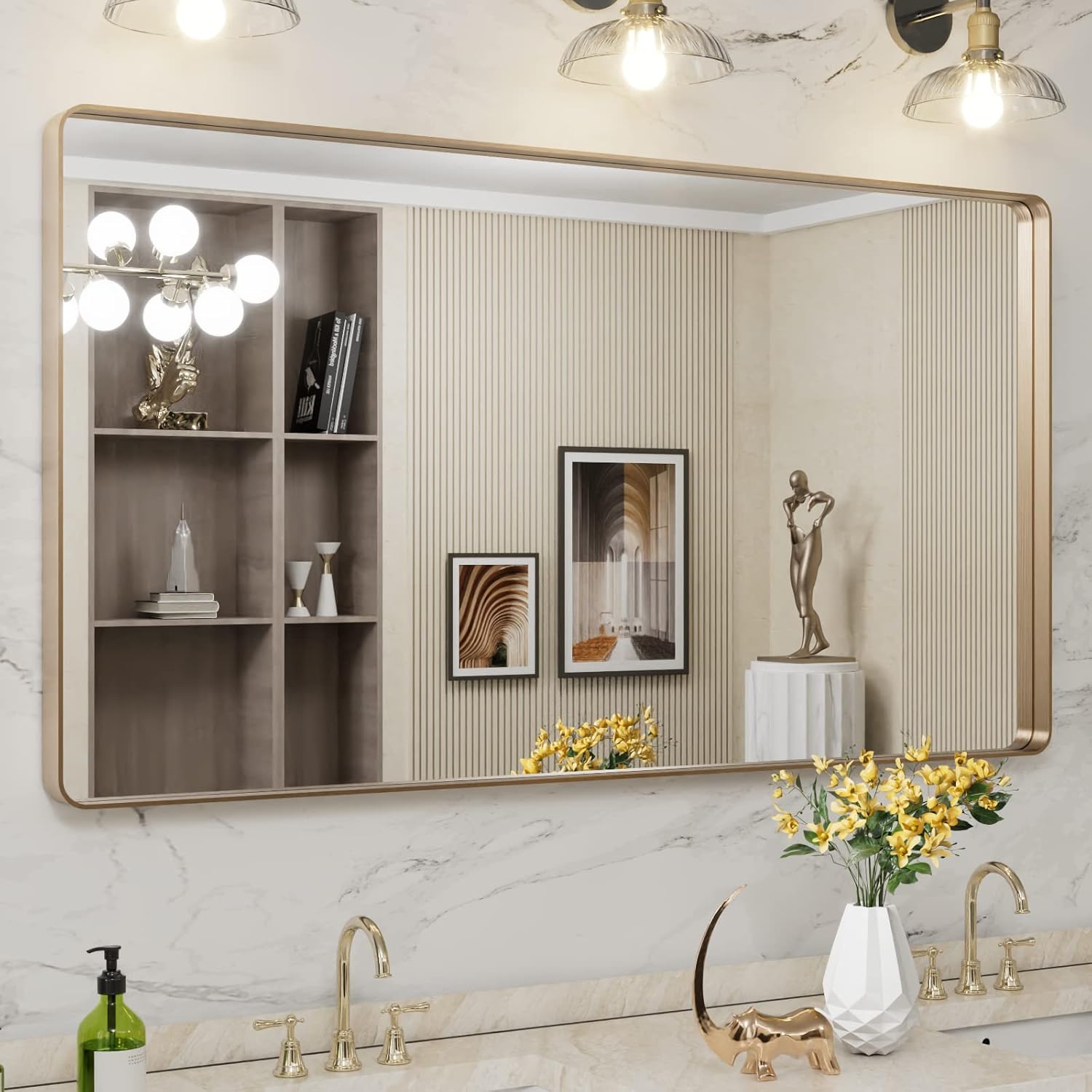 LOAAO 55X30 Gold Bathroom Mirror with Rounded Rectangle Frame