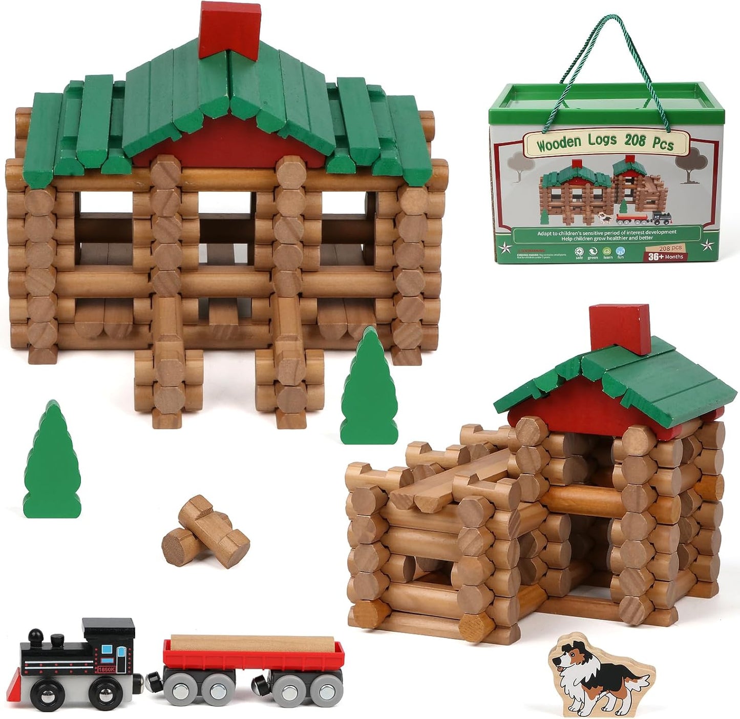 208 Pcs Wooden Log Set - Classic Building Logs for Kids Fun