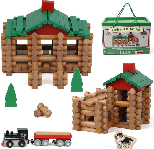 208 Pcs Wooden Log Set - Classic Building Logs for Kids Fun
