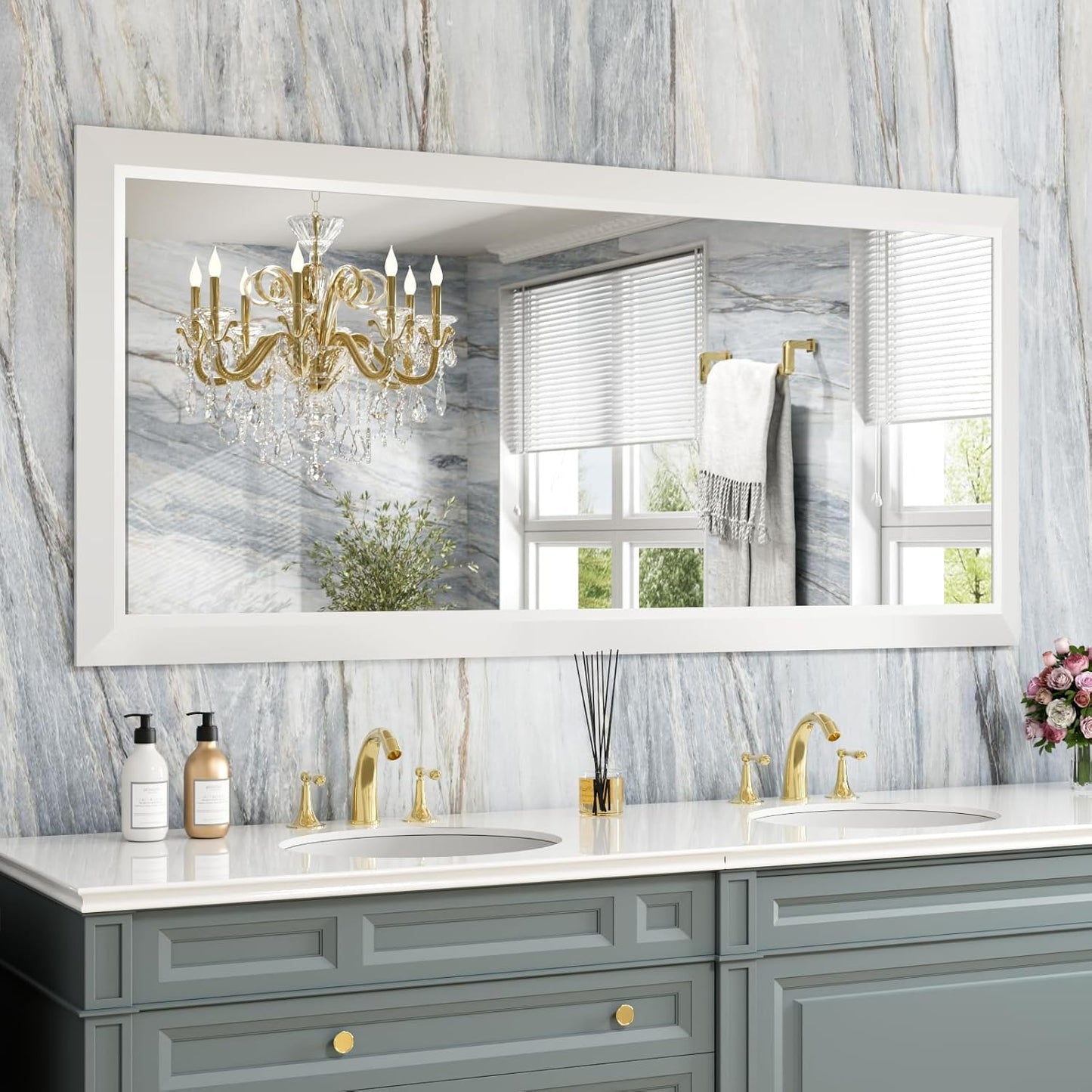 60X28 Inch Bathroom Mirror with Thick Metal Frame for Home