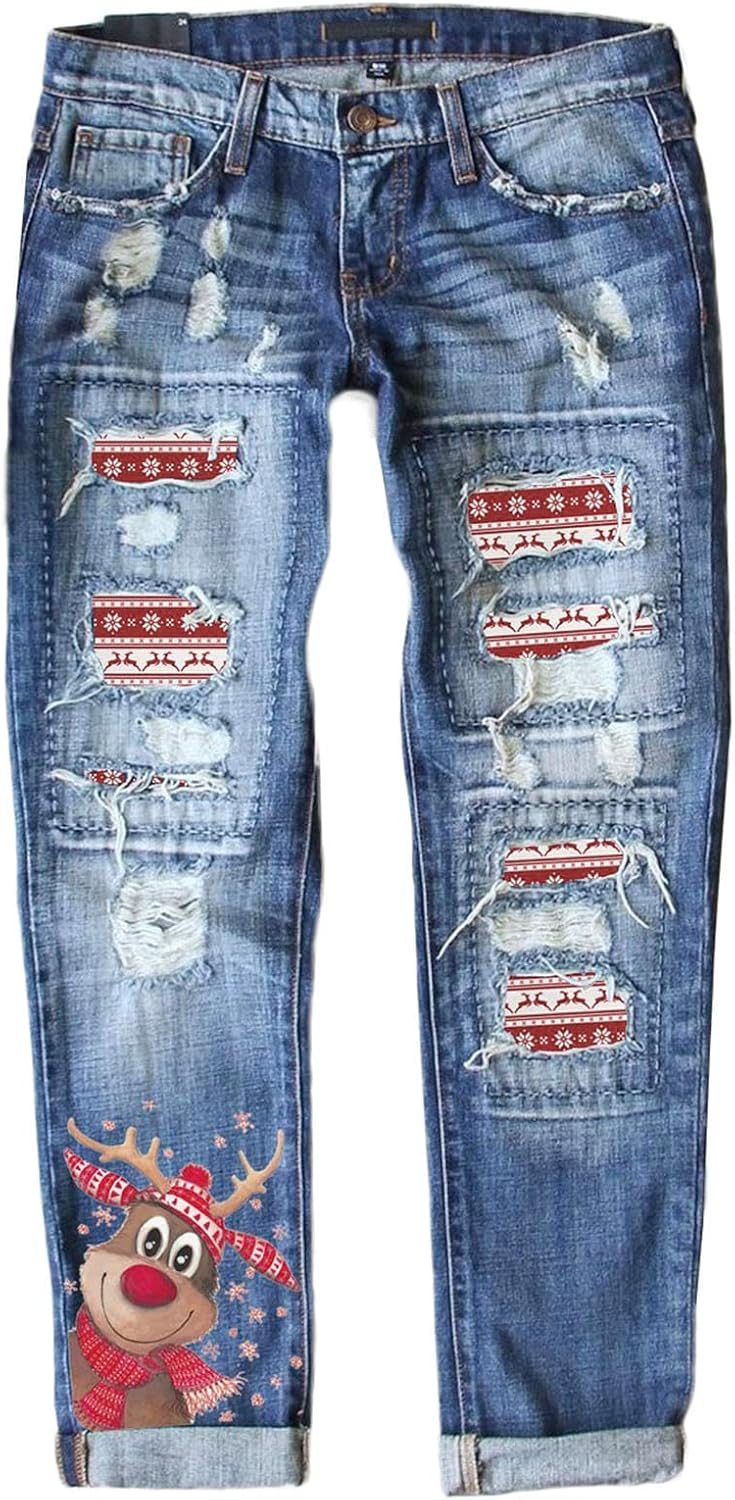 EVALESS Ripped Jeans for Women with Plaid Patch Design