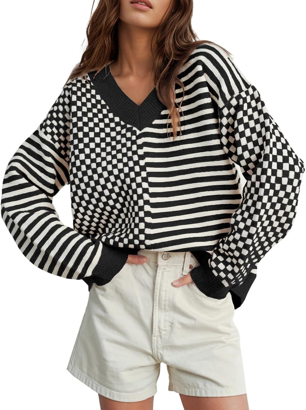 UNCLECAT Women's Striped Checkered Sweater for Trendy Fall Style