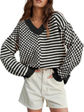 UNCLECAT Striped Checkered V Neck Sweater - Cozy Fall Pullover