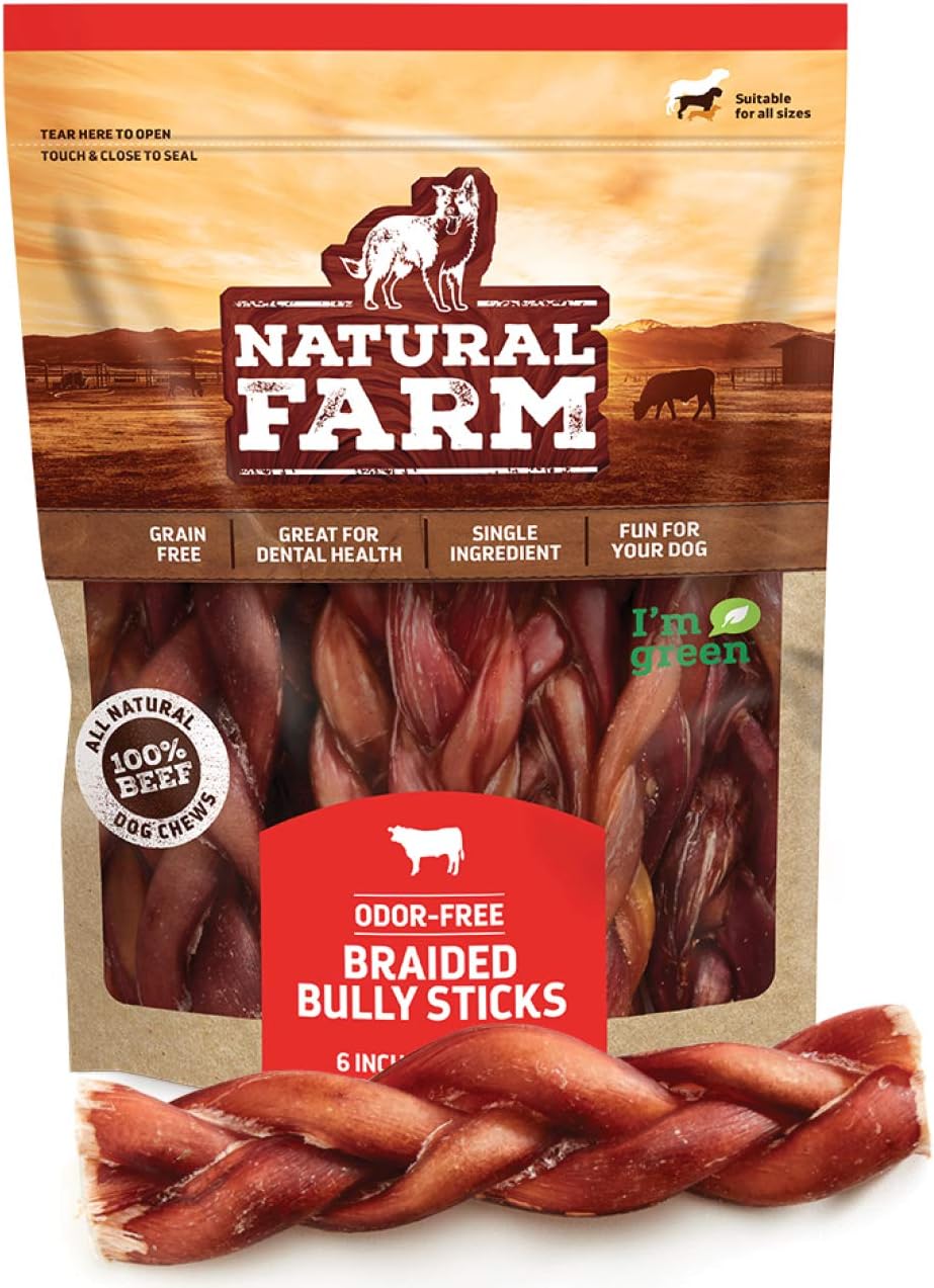 Natural Farm Odor-Free Braided Bully Sticks for Dogs 6 Inch