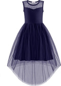 Girls Tulle High Low Dress with Belt - White Blue Formal Party