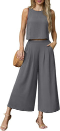 Lepunuo Womens Summer 2 Piece Outfits Sleeveless Crop Top and Wide Leg