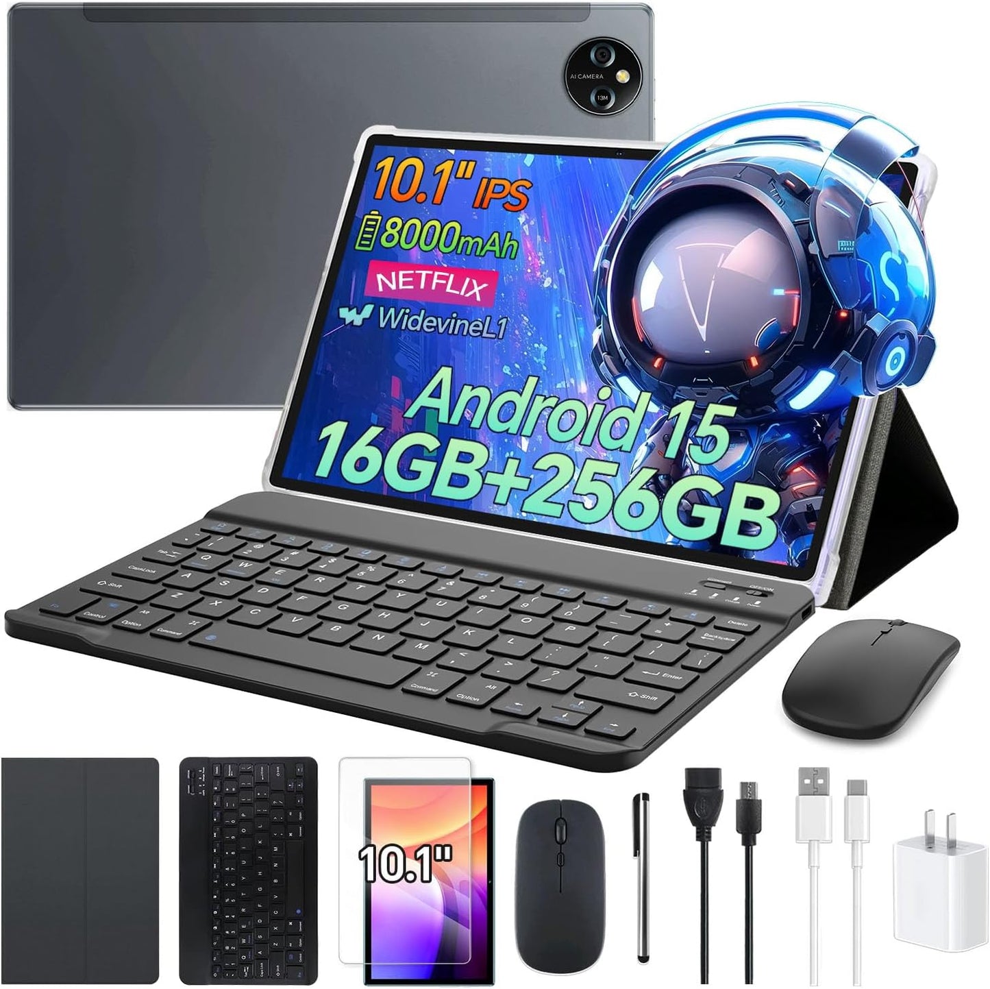 Tablet 10.1inch Android 15 with Keyboard and 256GB Storage