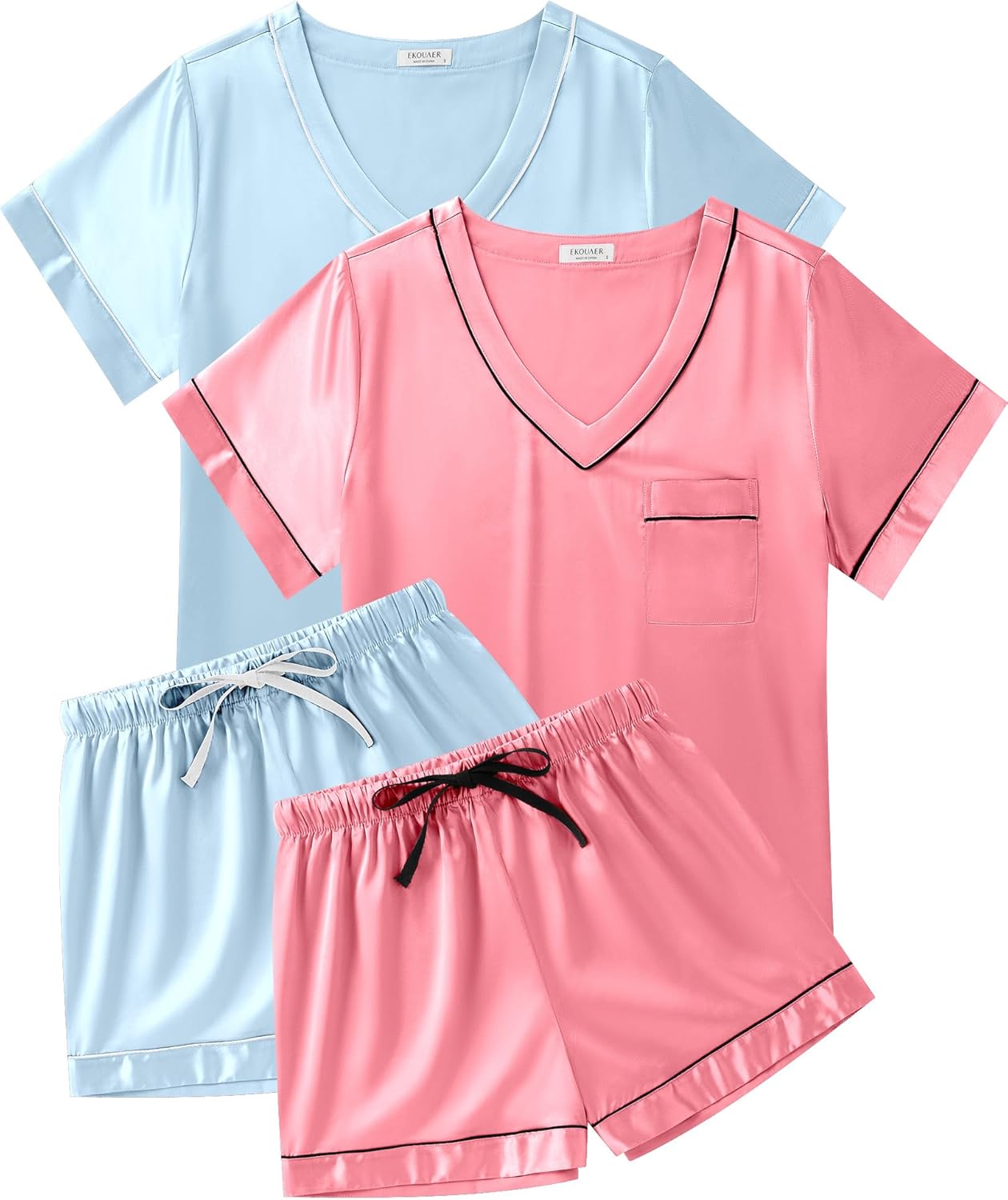 Ekouaer 2 Pack Silk Pajamas for Women Soft V Neck Sleepwear