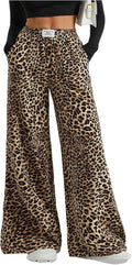 Women's Letter Leopard Print Straight Leg Pants - Y2K Elastic