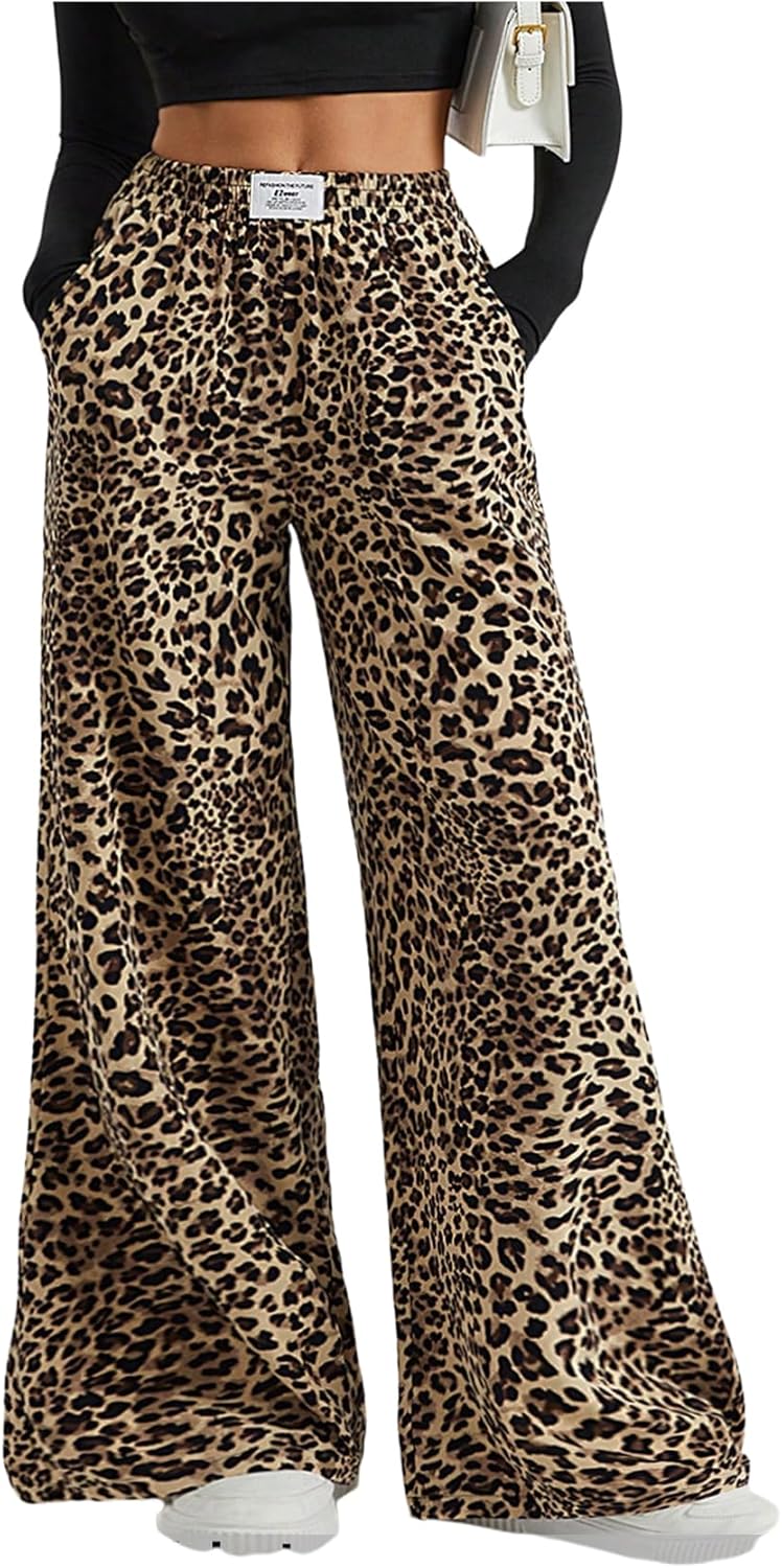 Women's Leopard Print Straight Leg Pants with Elastic Waist