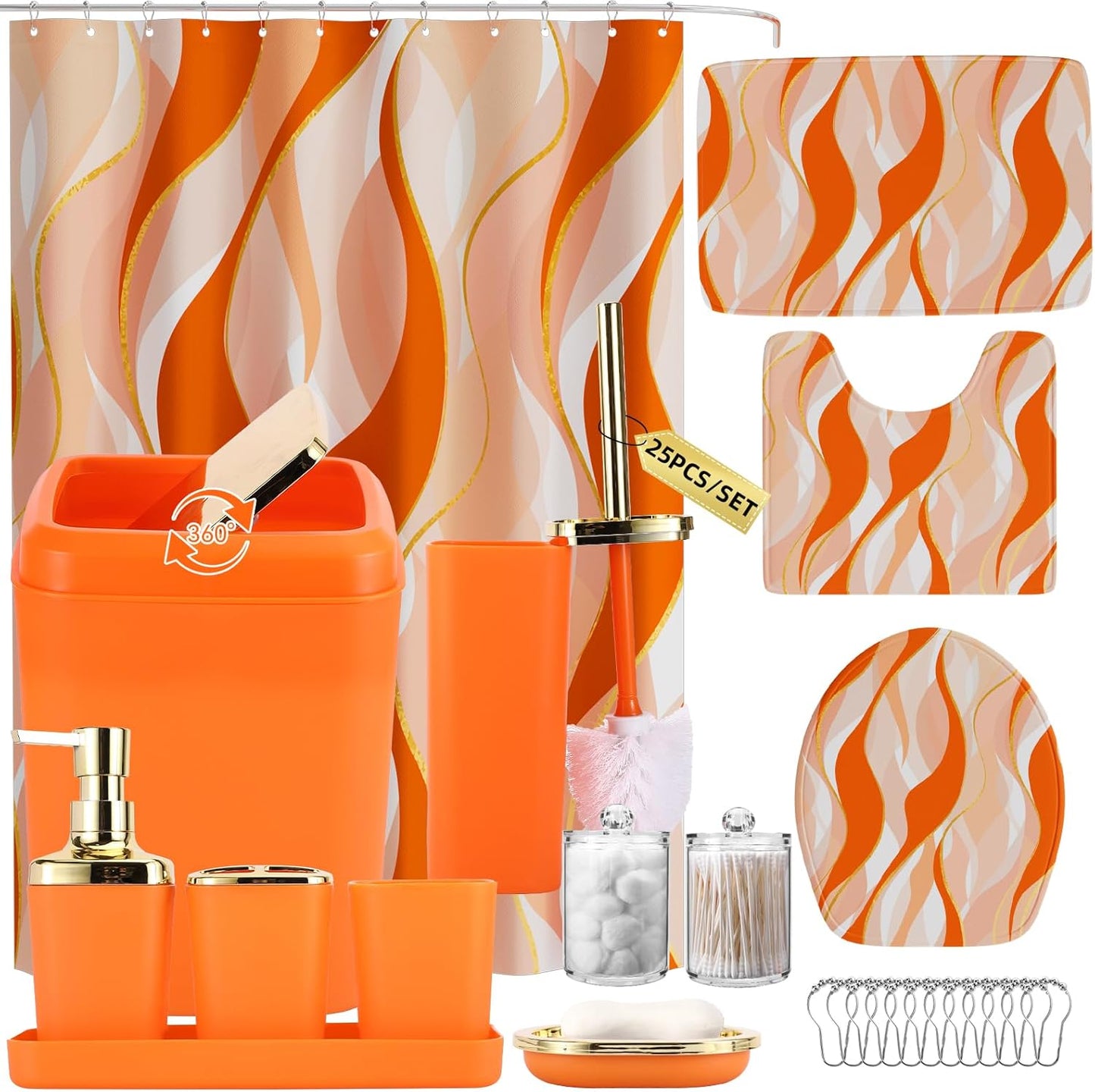 Stylish Orange Bathroom Accessories Set with Shower Curtain