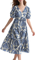 Summer Floral Midi Dress V Neck Puff Sleeve - Flattering Everyday Midi