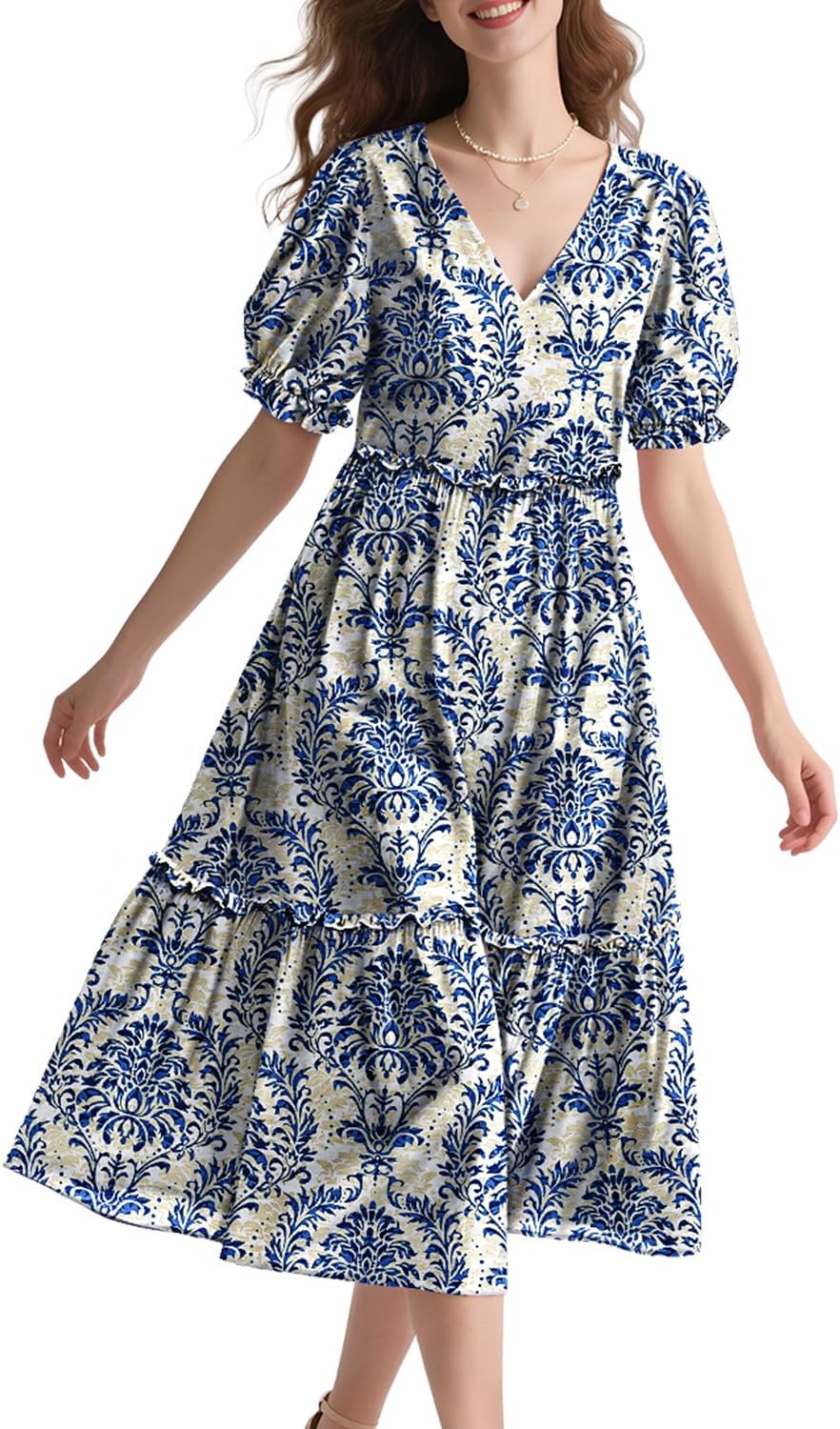 YESNO Summer Floral Midi Dresses with V Neck and Puff Sleeves