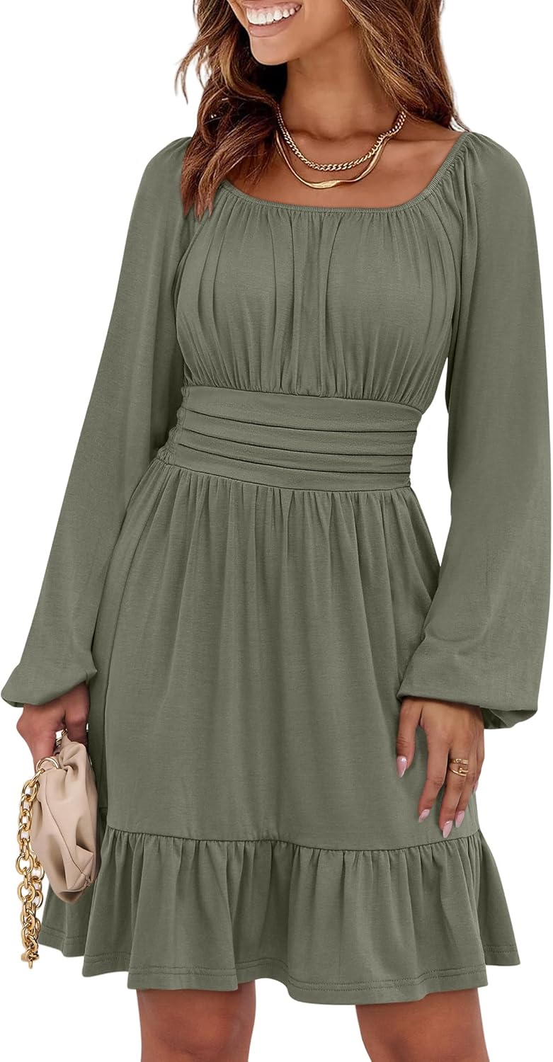 ANRABESS Womens Dress Long Lantern Sleeve Square Neck Ruffle Style