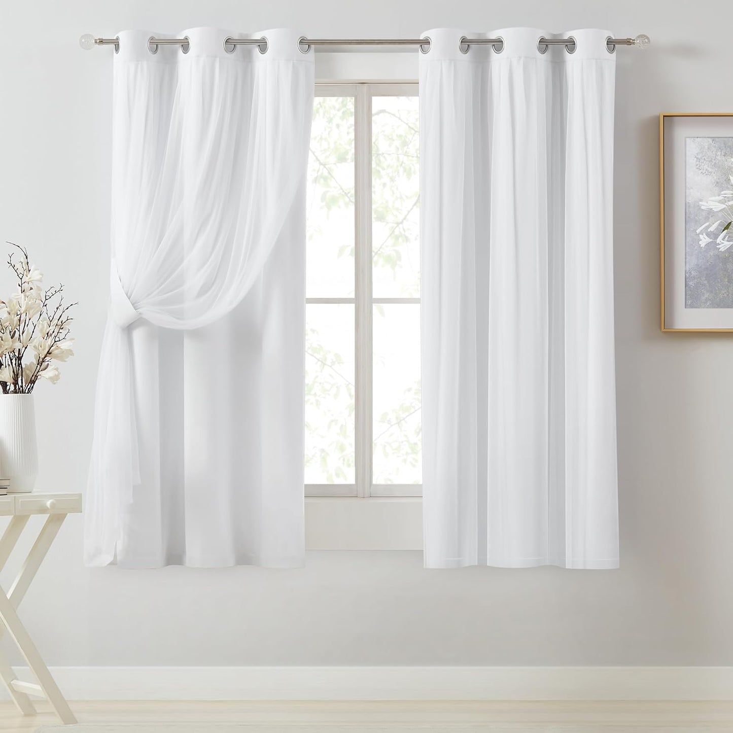 Bujasso White Full Blackout Curtain Panels for Elegant Living Rooms