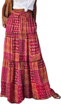 Womens Floral Boho Maxi Skirt High Waist Pleated Ruffle - Flowy