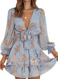 Womens Deep V Neck Knotted Tiered Chiffon Mini Dress - Spring Fall